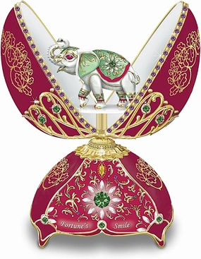 The Bradford Exchange Fortune's Smile Peter Carl Faberge-Style Heirloom Porcelain Musical Egg with Hand-Painted Elephant and 22K Gold Accents