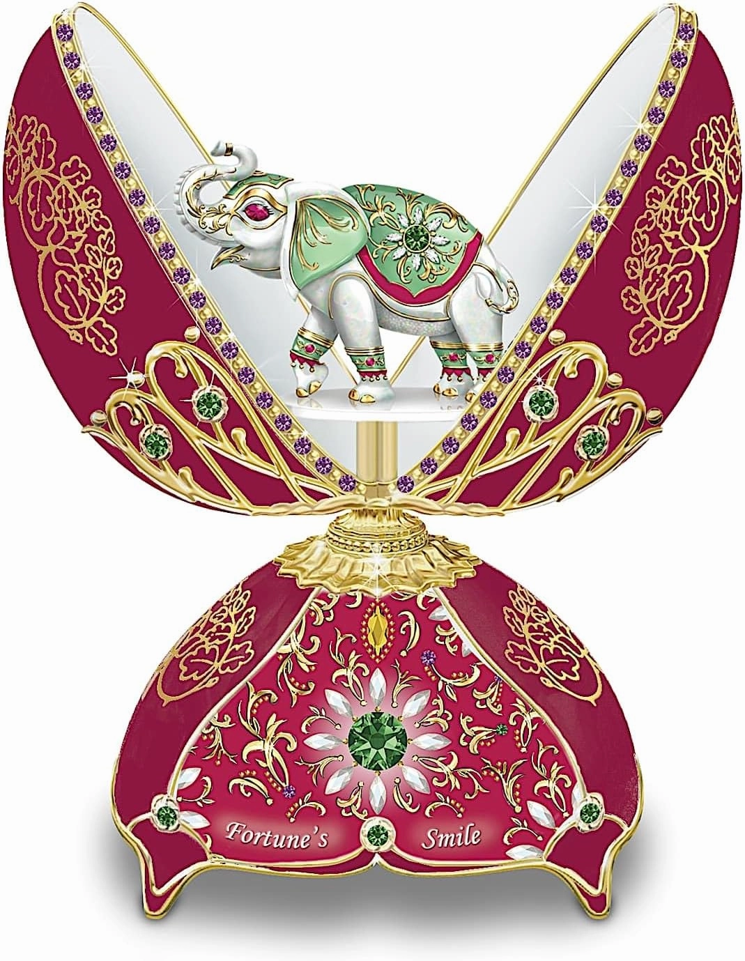The Bradford Exchange Fortune's Smile Peter Carl Faberge-Style Heirloom Porcelain Musical Egg with Hand-Painted Elephant and 22K Gold Accents