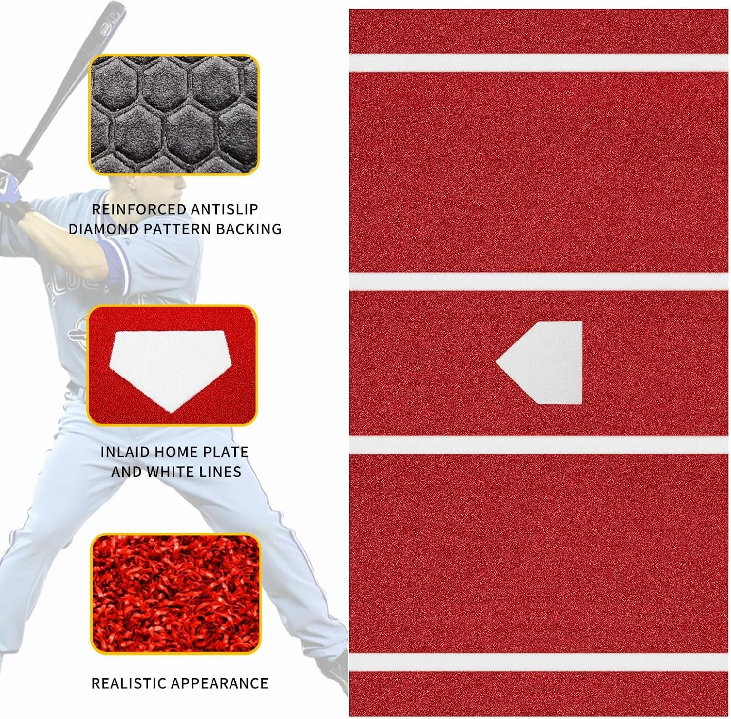 Thick Upgraded Version Baseball Batting Mat 12' x 5' Softball Inlaid Home Plate Turf Baseball Hitting Training Mat Antifade Batters Box Turf Portable Practice Mat with Carry Strap