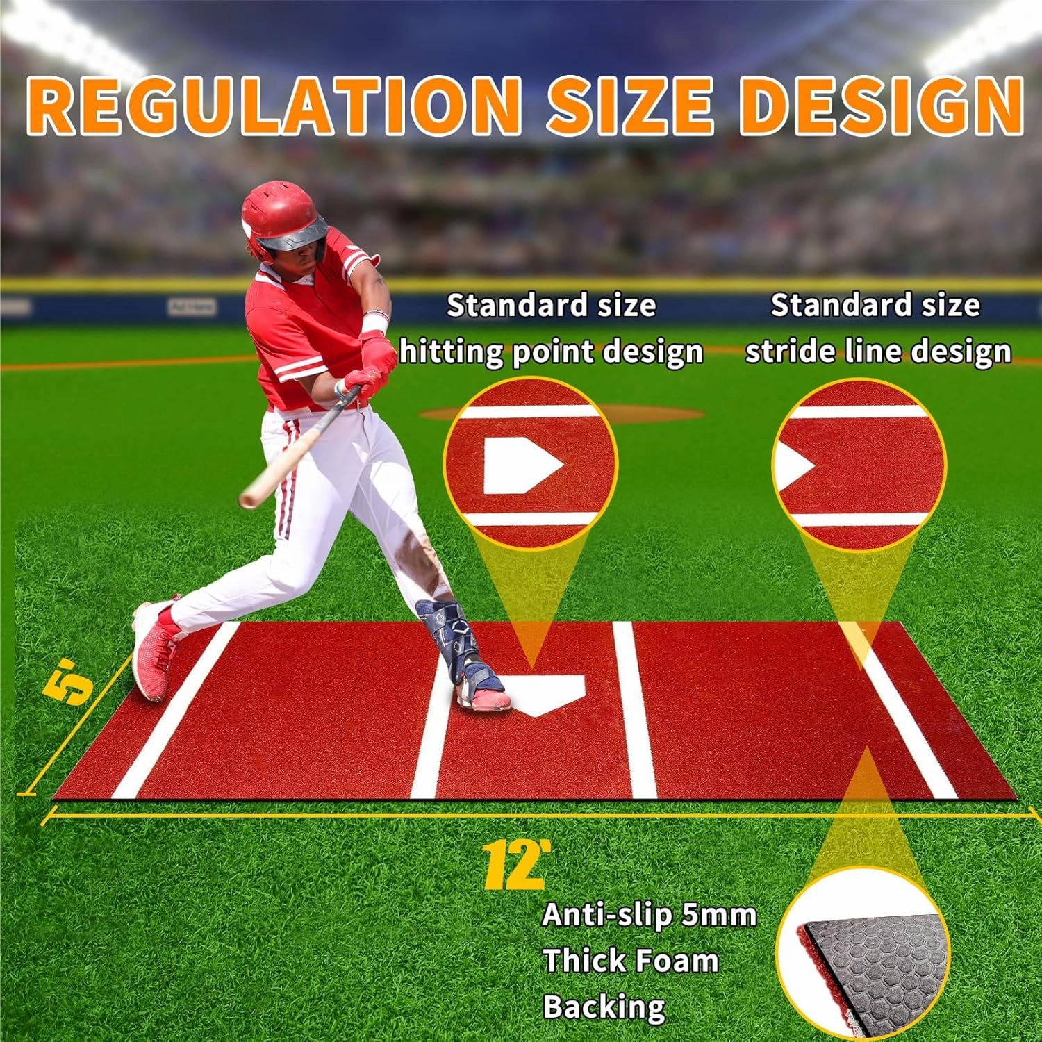 Thick Upgraded Version Baseball Batting Mat 12' x 5' Softball Inlaid Home Plate Turf Baseball Hitting Training Mat Antifade Batters Box Turf Portable Practice Mat with Carry Strap