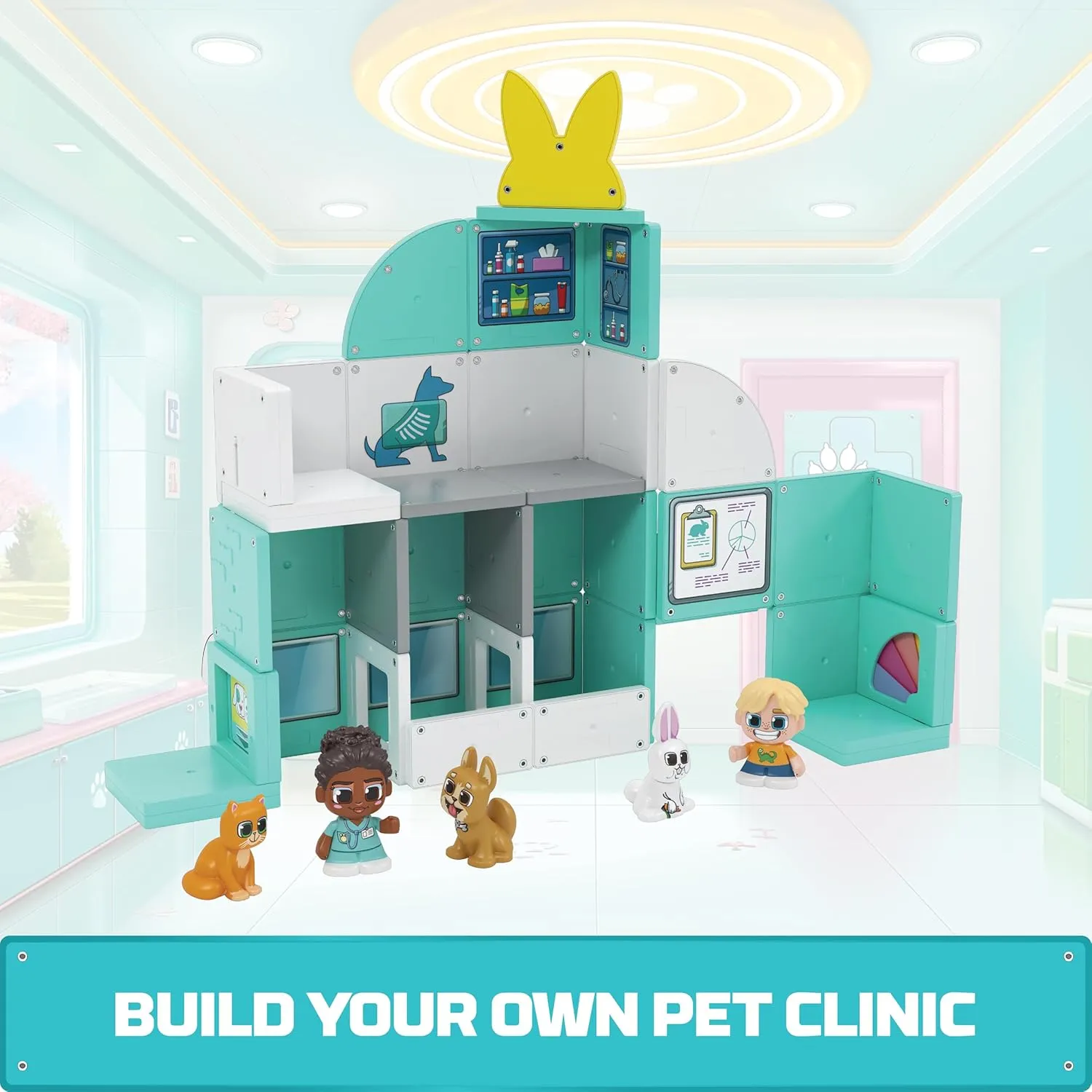 Tile Town Pet Vet Magnetic Tiles Construction Building Playset   Figures, Kids 3-6 , New Action Tiles for Action Play, Realistic Builds, Creative Toy, Great Gift for Boys & Girls
