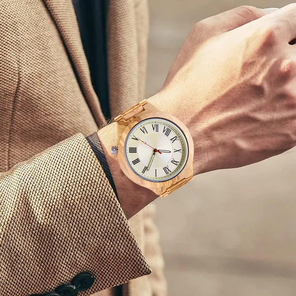 Tiong Brand Wooden Watches Mens with Handmade Colorful Bamboo Wood Watch Analog Date Quartz Wooden Watch for Men