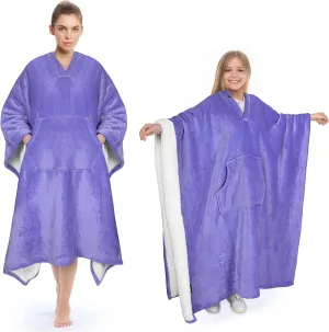 Tirrinia Sherpa Wearable Blanket Super Soft Comfy Plush Fleece Poncho for Adult Women Men Kids Throw Wrap Cover Indoors or Outdoors, 55''x 80'' Purple