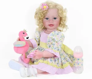 Toddler Girl -22 inch with Flamingo Plush and 3D Painted Skin Visible Veins and Soft Full Vinyl with Rooted Hair (Yellow)