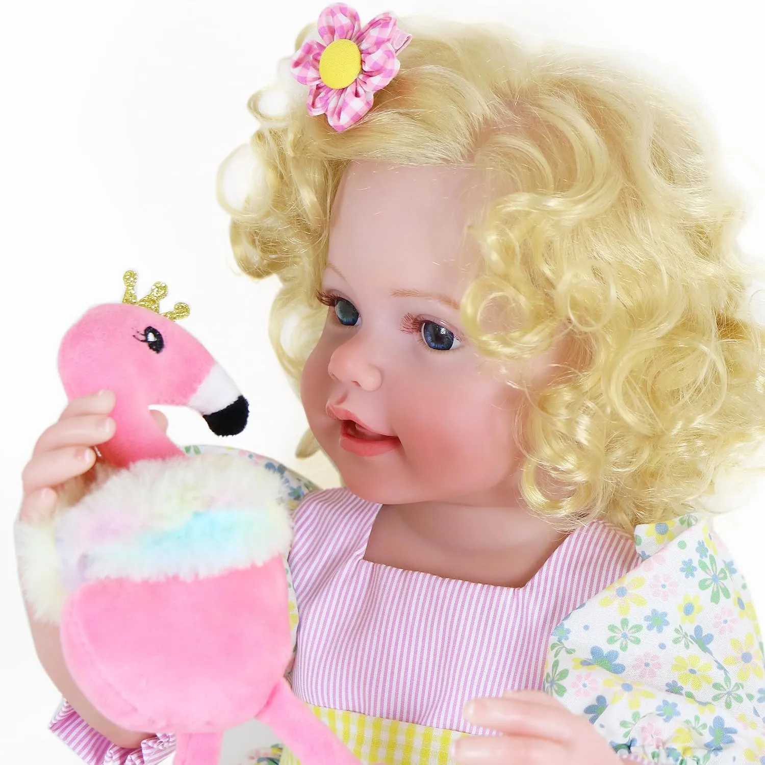 Toddler Girl -22 inch with Flamingo Plush and 3D Painted Skin Visible Veins and Soft Full Vinyl with Rooted Hair (Yellow)