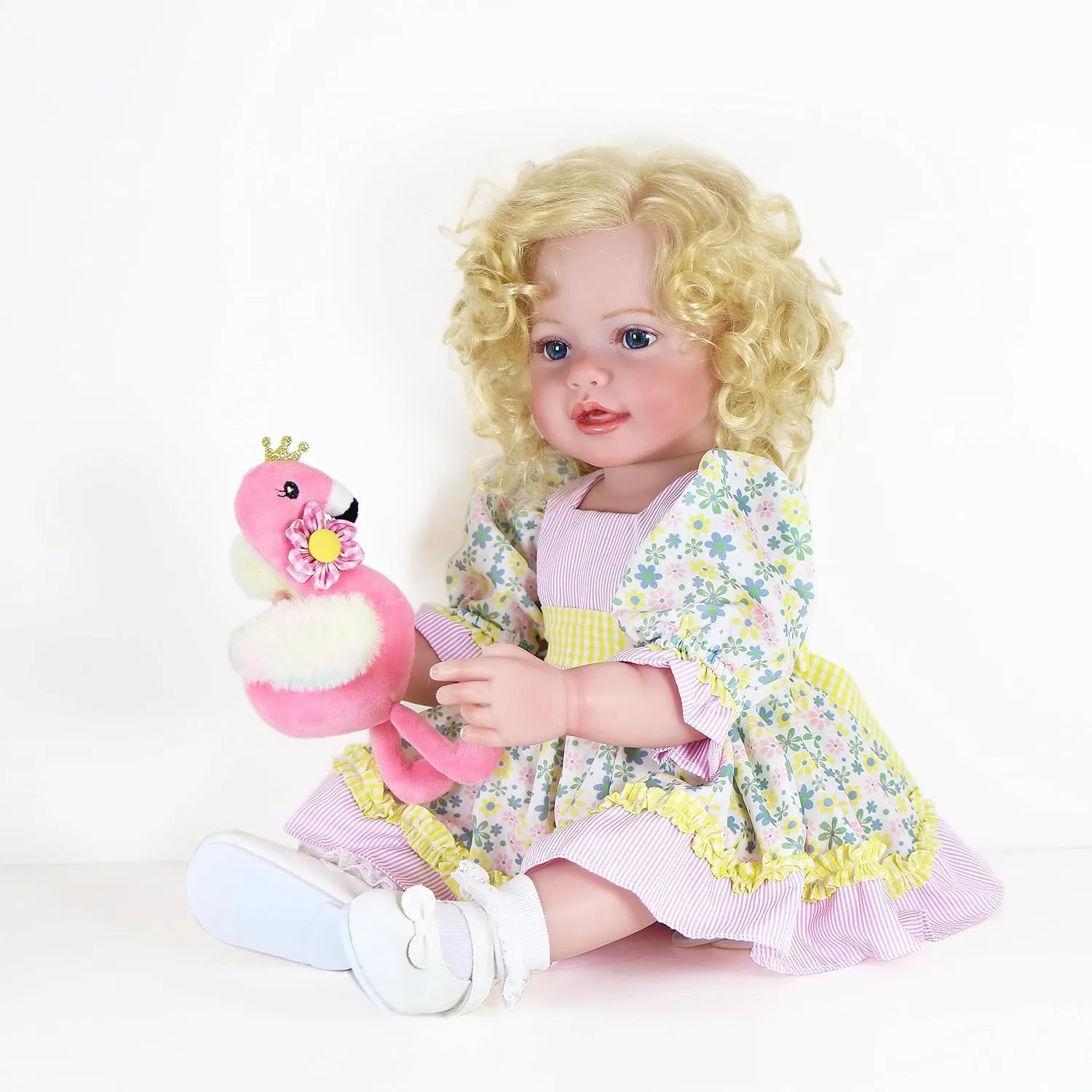 Toddler Girl -22 inch with Flamingo Plush and 3D Painted Skin Visible Veins and Soft Full Vinyl with Rooted Hair (Yellow)