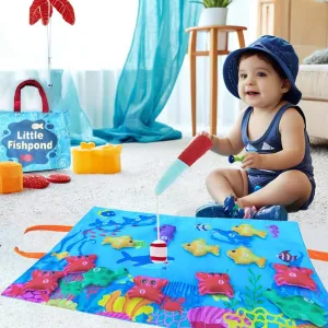 Toddler Montessori Toys, Cloth Fishing Set - Rug with Stacked Cups - Storage Bag for Toddlers, Number Counting, Color Sorting, Shape Learning, Birthday Gifts for Boys and Girls Ages 1-3