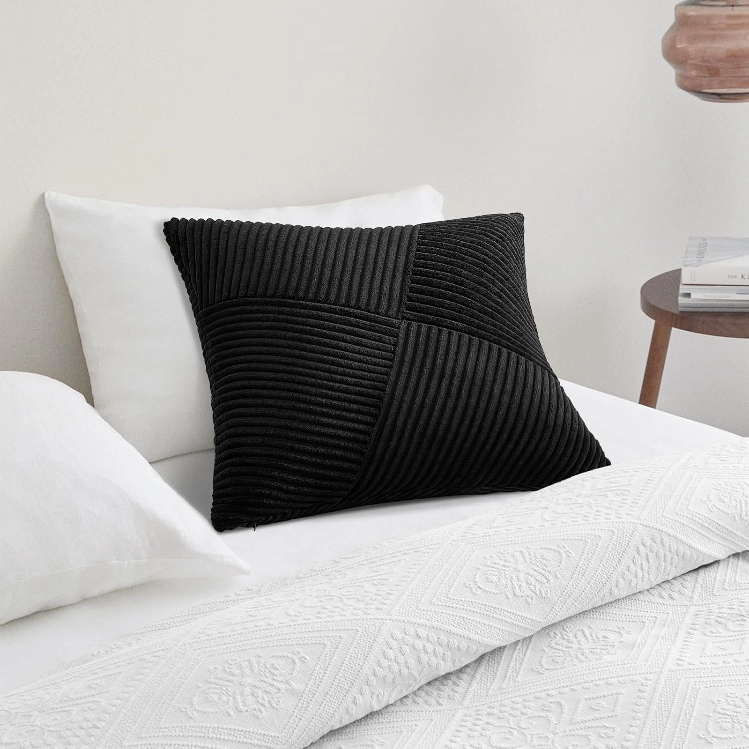 Topfinel Black Set of 2 Decorative Throw Pillow Covers 18x18 Inch for Couch Sofa Bed Pillowcases, Farmhouse Boho Rustic Home Decor,Soft Corduroy Windmill Textured Striped Patchwork Cushion Cases