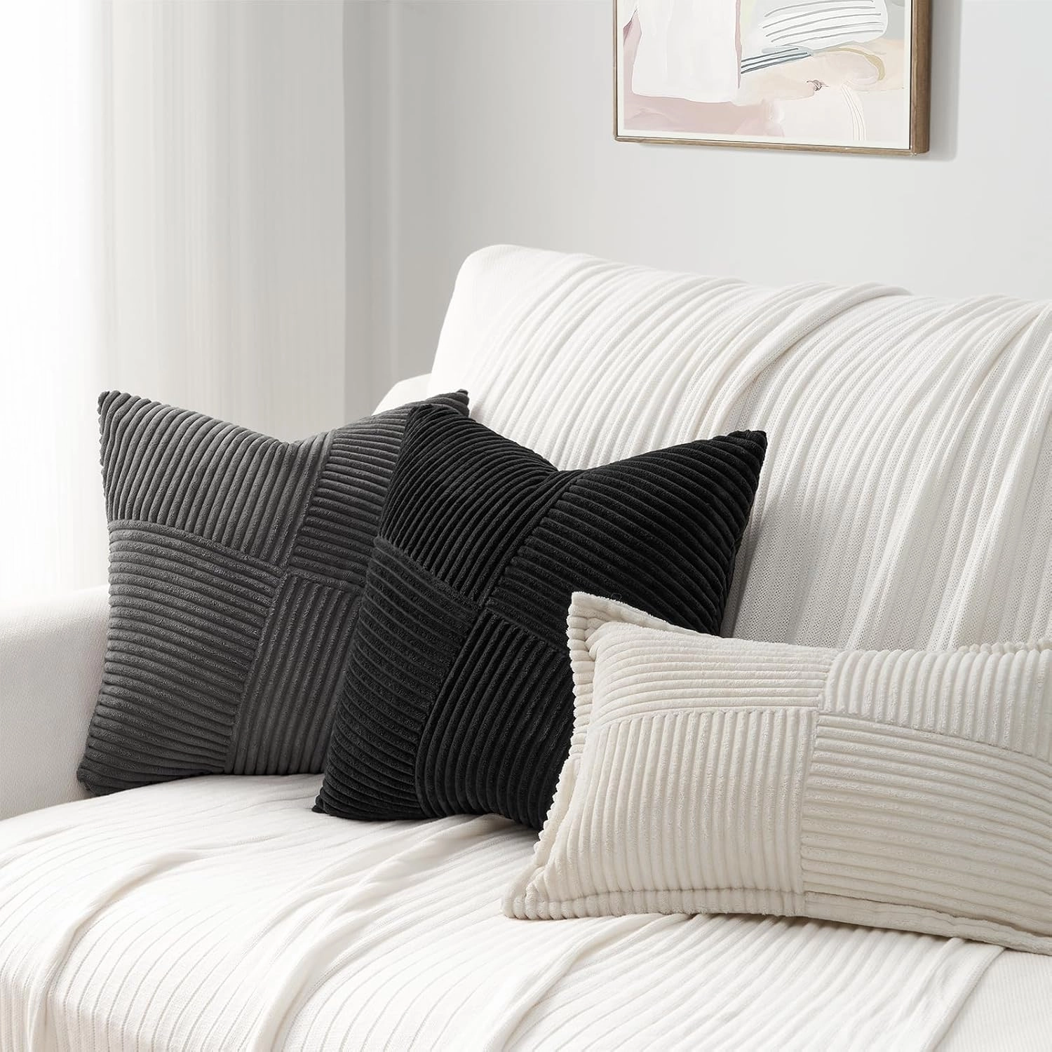 Topfinel Black Set of 2 Decorative Throw Pillow Covers 18x18 Inch for Couch Sofa Bed Pillowcases, Farmhouse Boho Rustic Home Decor,Soft Corduroy Windmill Textured Striped Patchwork Cushion Cases