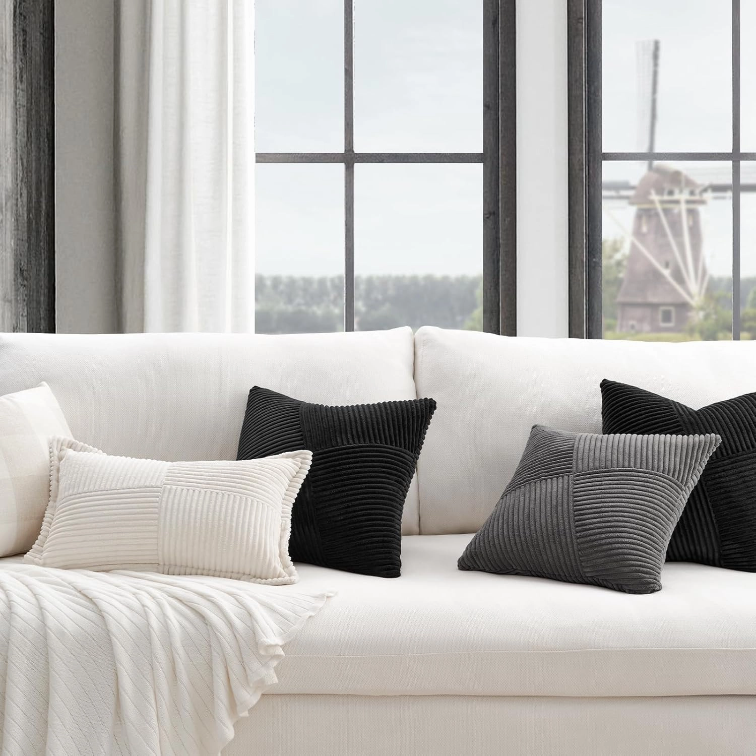Topfinel Black Set of 2 Decorative Throw Pillow Covers 18x18 Inch for Couch Sofa Bed Pillowcases, Farmhouse Boho Rustic Home Decor,Soft Corduroy Windmill Textured Striped Patchwork Cushion Cases