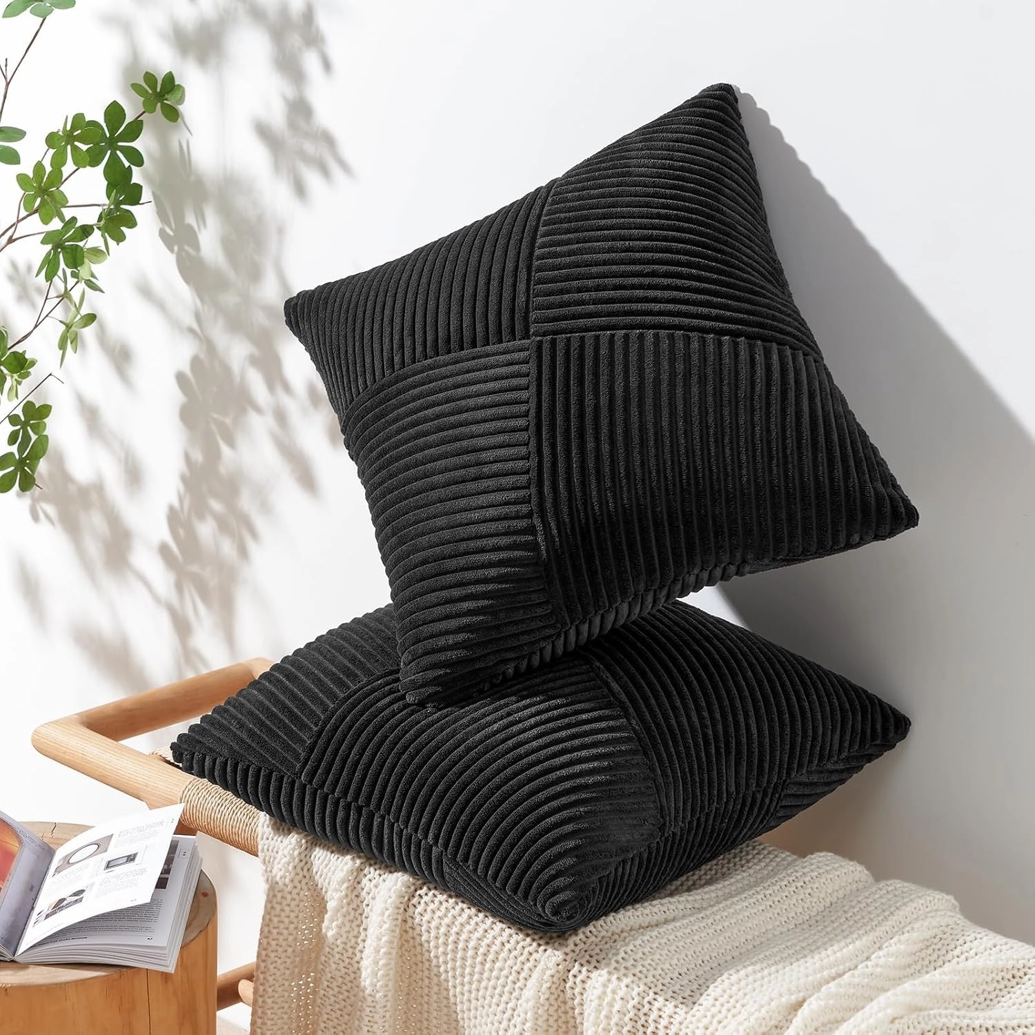 Topfinel Black Set of 2 Decorative Throw Pillow Covers 18x18 Inch for Couch Sofa Bed Pillowcases, Farmhouse Boho Rustic Home Decor,Soft Corduroy Windmill Textured Striped Patchwork Cushion Cases