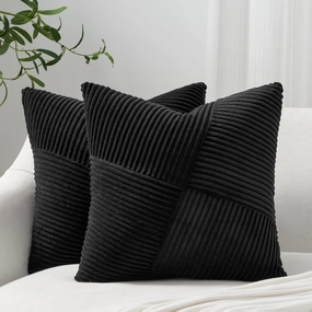 Topfinel Black Set of 2 Decorative Throw Pillow Covers 18x18 Inch for Couch Sofa Bed Pillowcases, Farmhouse Boho Rustic Home Decor,Soft Corduroy Windmill Textured Striped Patchwork Cushion Cases