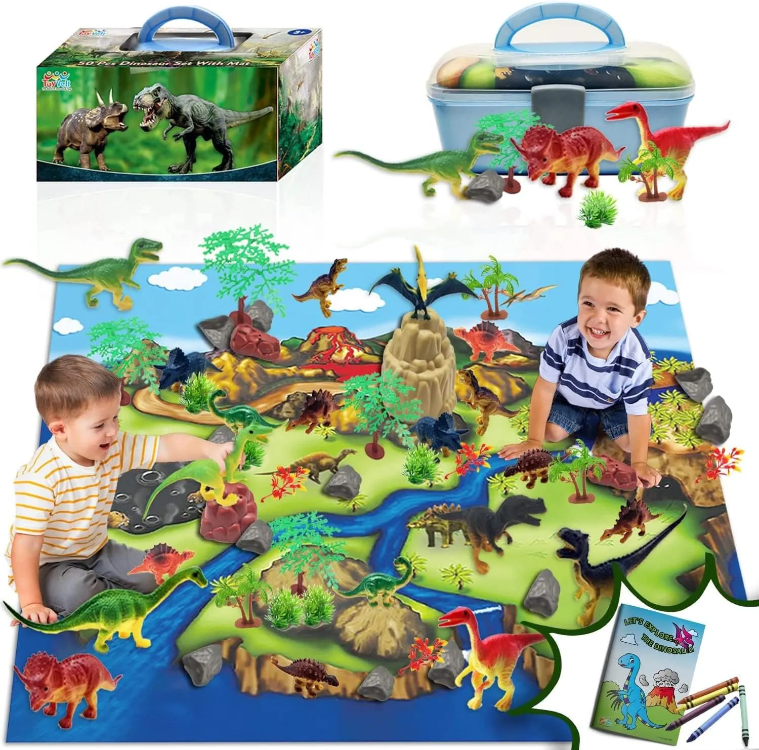 Toyvelt Dinosaur Play Set Dinosaur Toys Includes Dinosaur Figures, Trees, Rocks, Playmat, And A Beautiful Container Create A Dino World Great Gift For Boys & Girls Ages 3,4,5,6, And Up Updated Version