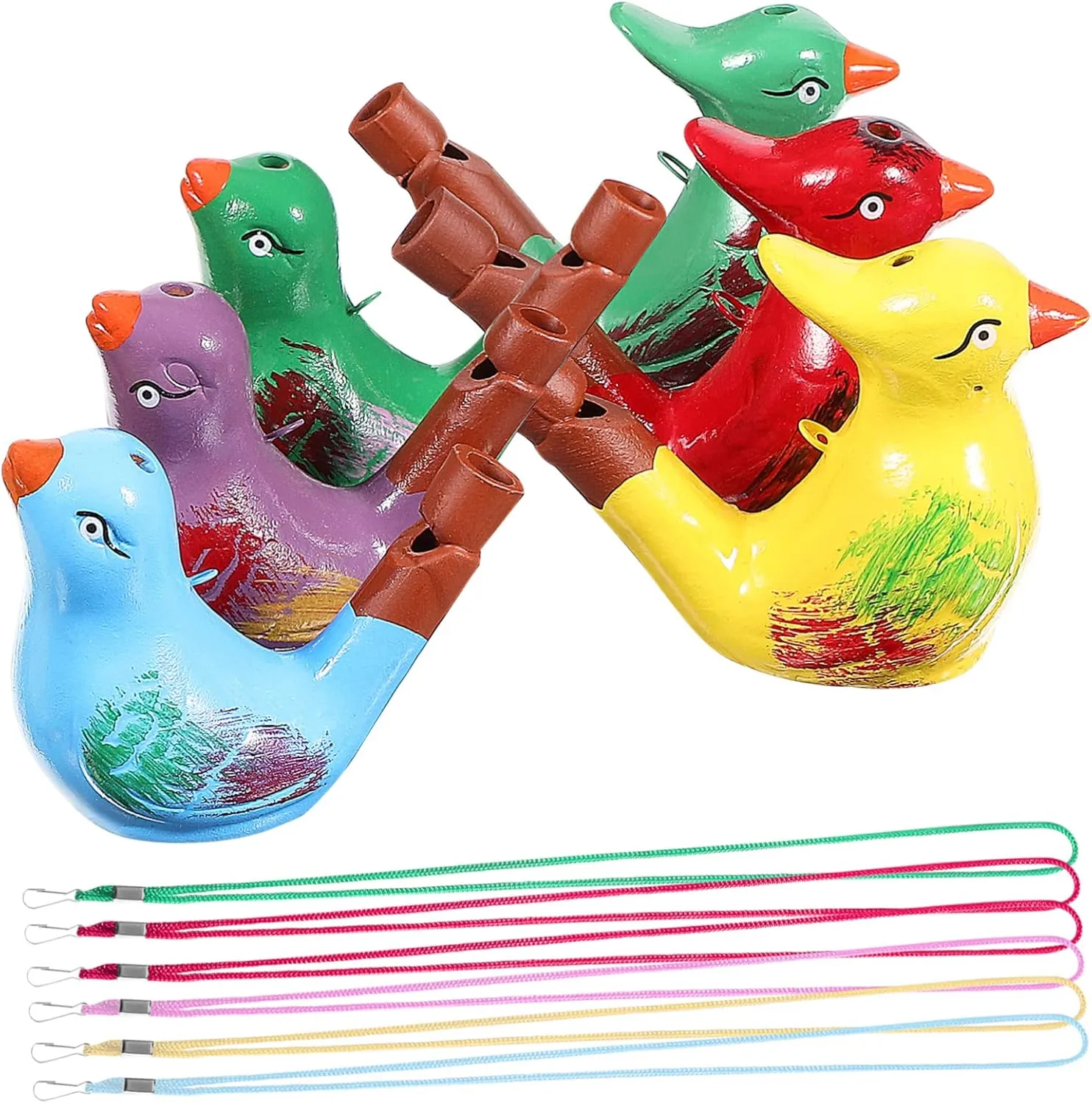 Toyvian 6 Pcs Ceramic Bird Whistles Toy Noise Makers Porcelain Bird Water Whistle Ceramic Bird Musical Toy with Rope Educational Toys Whistles with Lanyards Kids Party Favors