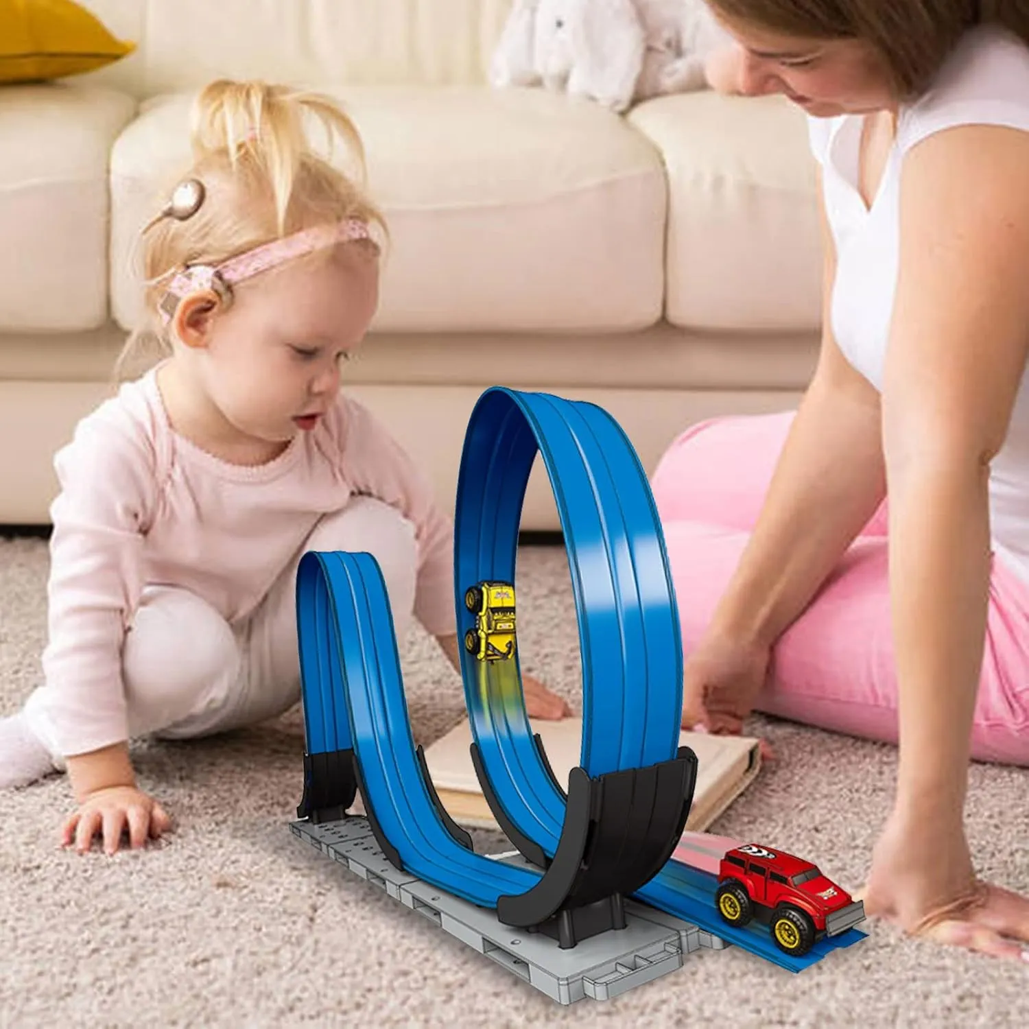 Track car，Vehicle Set Toys for Kids, Flexible Railway Tracks Roller Coaster Playset, Push Operated Toy Train with Light and Sound