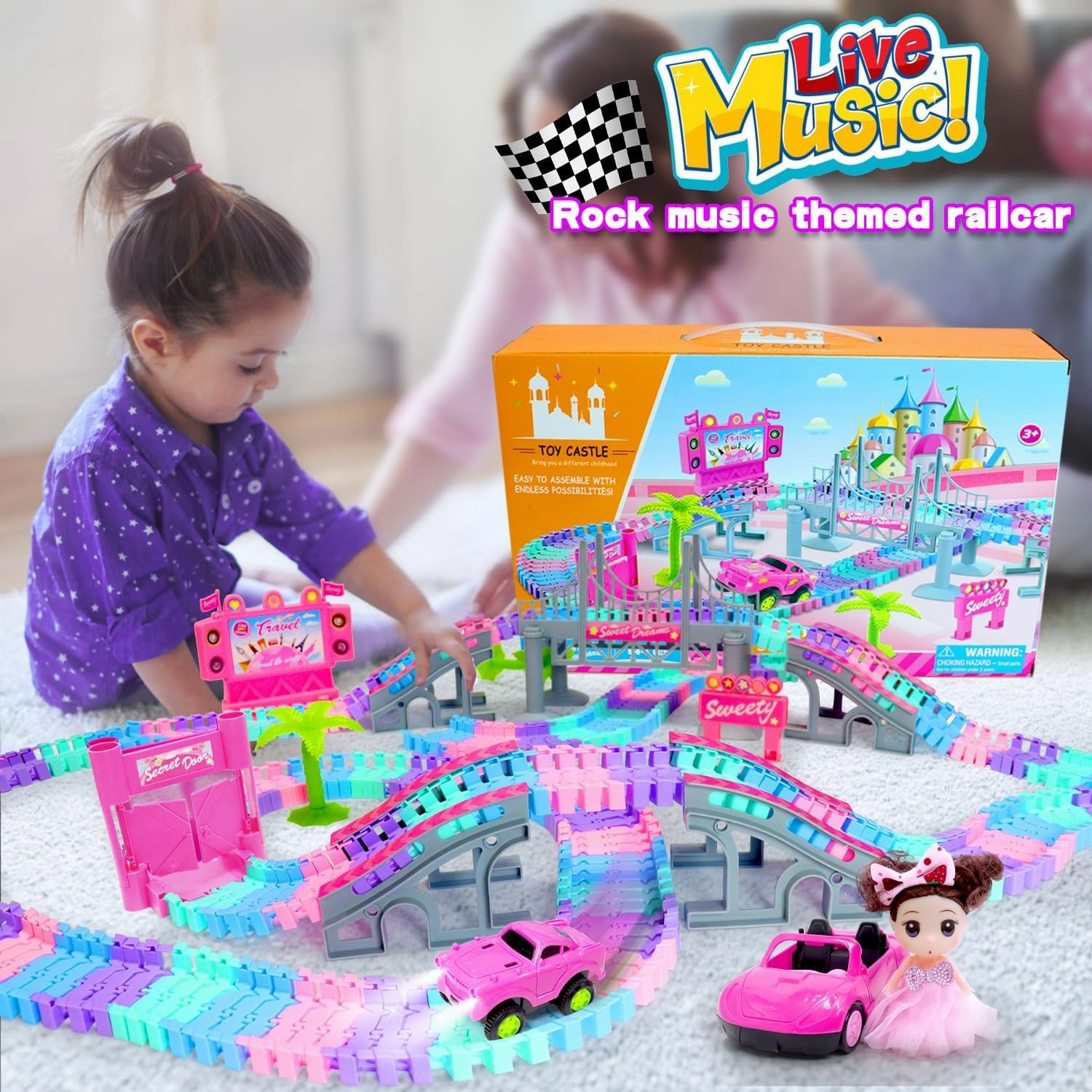 Tracks Car Toys Set for 3 4 5 6 Year Old Girls Kids,201 PCS Rock Music Theme Flexible Tracks Car Princess Toys Pink Doll Racing Car for Girls 3-5 Toddler Girl Toys Age 3-6 Birthday Easter Gifts