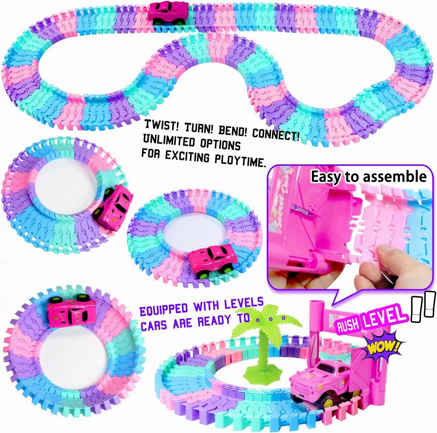 Tracks Car Toys Set for 3 4 5 6 Year Old Girls Kids,201 PCS Rock Music Theme Flexible Tracks Car Princess Toys Pink Doll Racing Car for Girls 3-5 Toddler Girl Toys Age 3-6 Birthday Easter Gifts