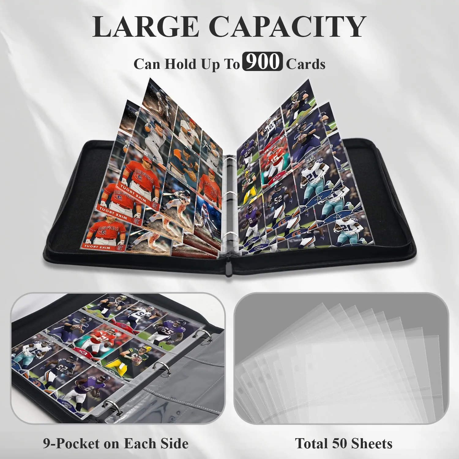 Trading Card Binder 9 Pocket, Toploader Binder with 900-Capacity Double-Sided Sleeves, Top Loader Binder for Cards, Baseball, Football, Sports, MTG, TCG Collector Album.