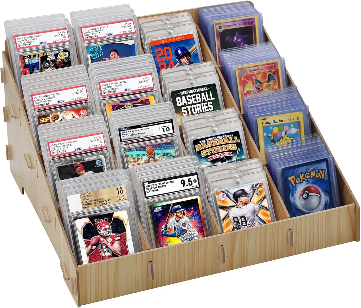Trading Card Display Case - 4-Tier Card Sorting Tray, Stackable Trading Cards Organizer | Wood Card Storage Display Box for baseball, Graded, PSA BGS SGC, Slab, Top Loader and Magnetic