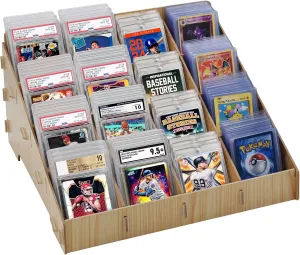 Trading Card Display Case - 4-Tier Card Sorting Tray, Stackable Trading Cards Organizer | Wood Card Storage Display Box for baseball, Graded, PSA BGS SGC, Slab, Top Loader and Magnetic