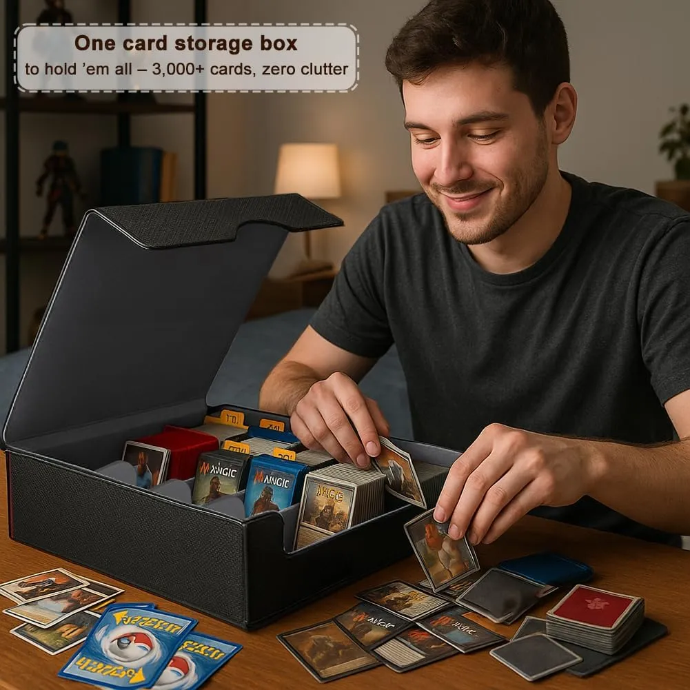 Trading Card Storage Box (3000  Cards Capacity) – Magnetic MTG Deck Box, Waterproof PU Leather, Thickened Material – Includes 24 Dividers, 4 Card Stands, 6 Cleaning Cloths – Card Box for TCG & YuGiOh