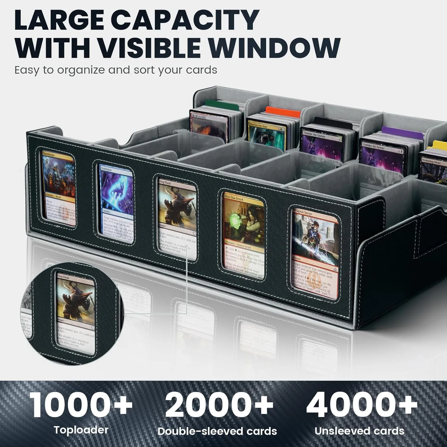 Trading Card Storage Box with Handle, 5-Row Leather Deck Case for 4000  Cards, Grey Organizer with Commander Display Window for MTG, Poker, Yugioh, and Sports Cards Gifts for Graduation and Birthday