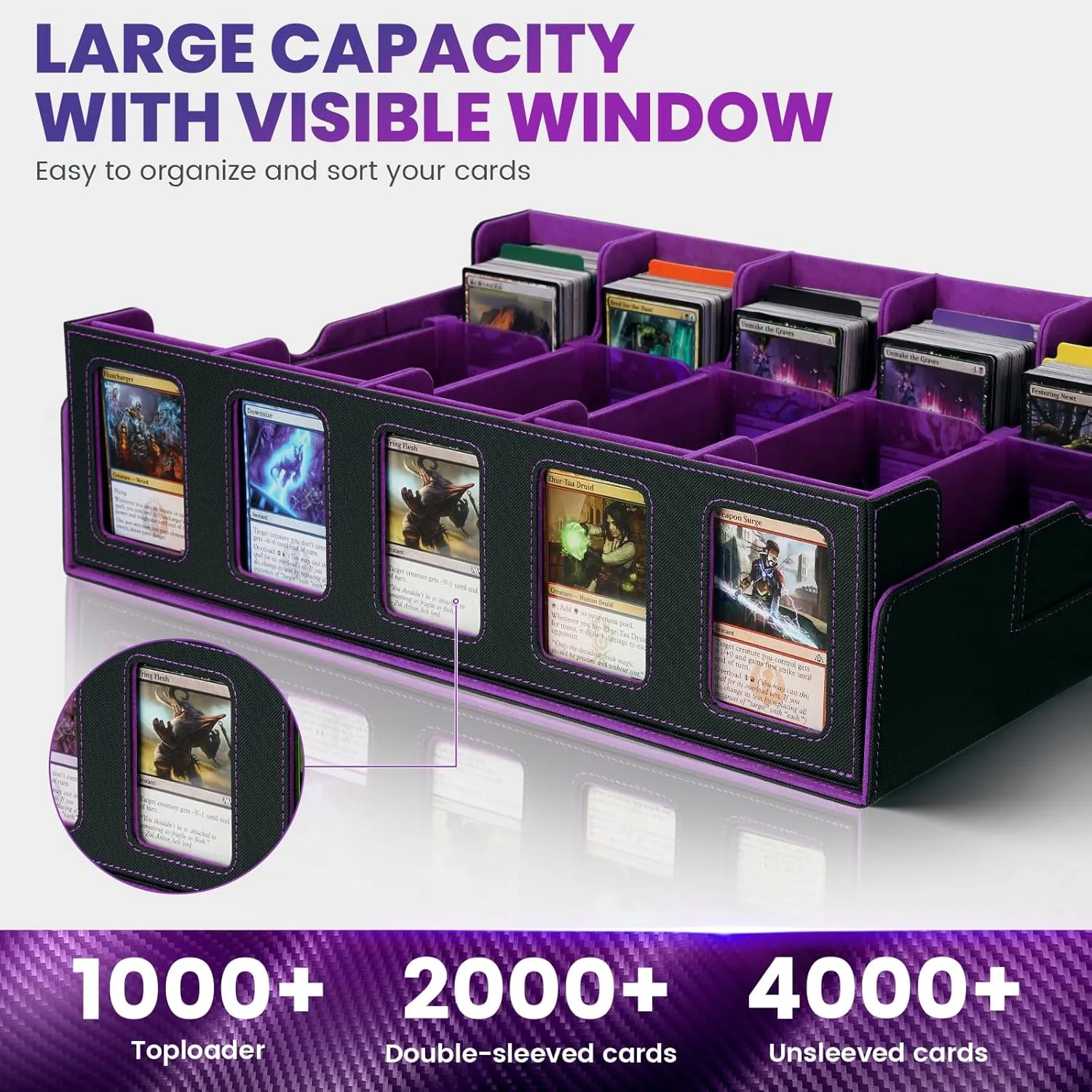 Trading Card Storage Box with Handle, 5-Row Leather Deck Case for 4000  Cards, Purple Card Organizer with Commander Display Window for MTG, Yugioh, and Sports Cards Gifts for Graduation and Birthday