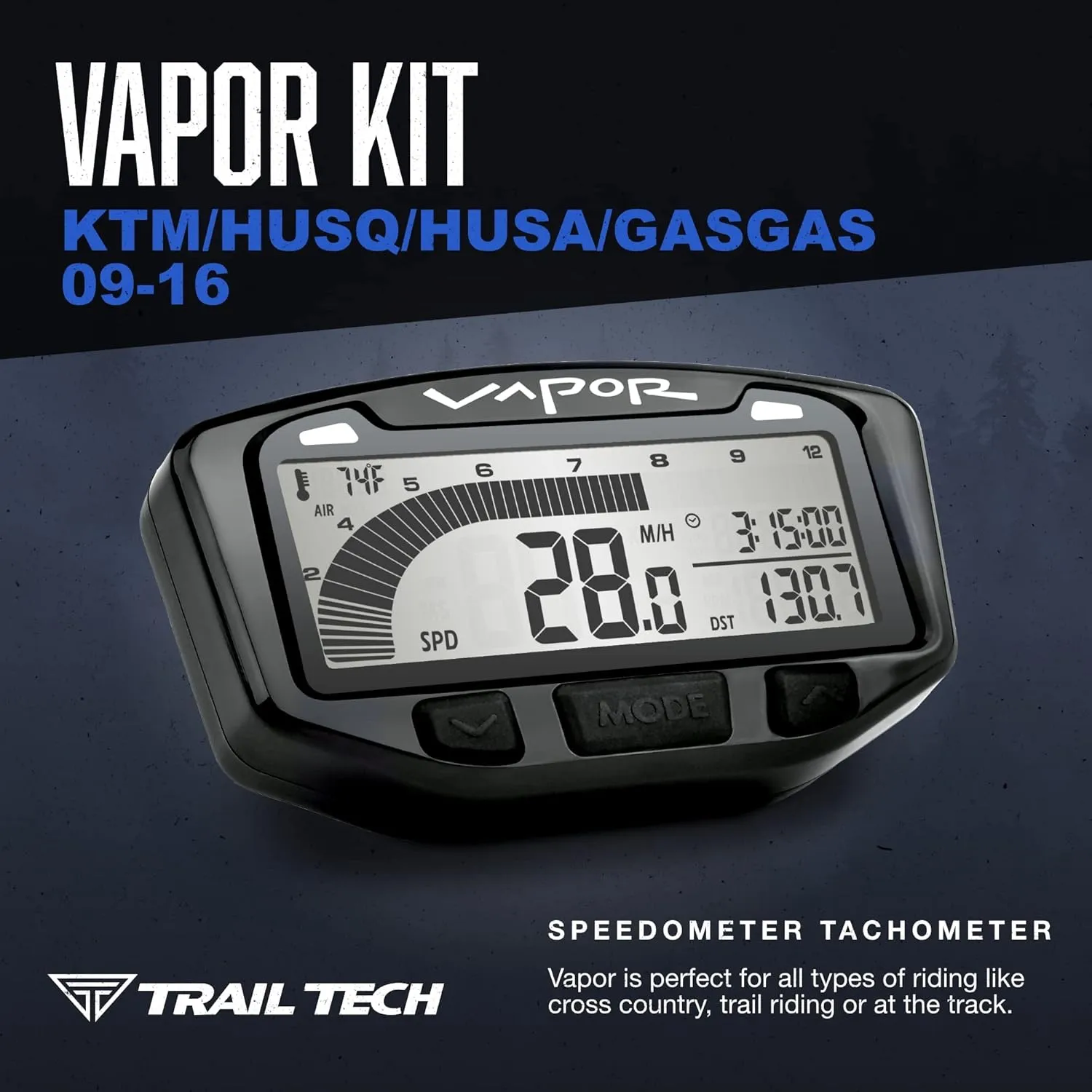 Trail Tech 752-110 Black Vapor Digital Speedometer Tachometer Gauge Kit, 2000-2017 KTM Husqvarna Husaberg