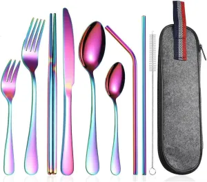 travel utensils 9Pcs/set Tableware Camp Cutlery Set Reusable Travel Utensils Set with stainless steel Spoon(Colorful)