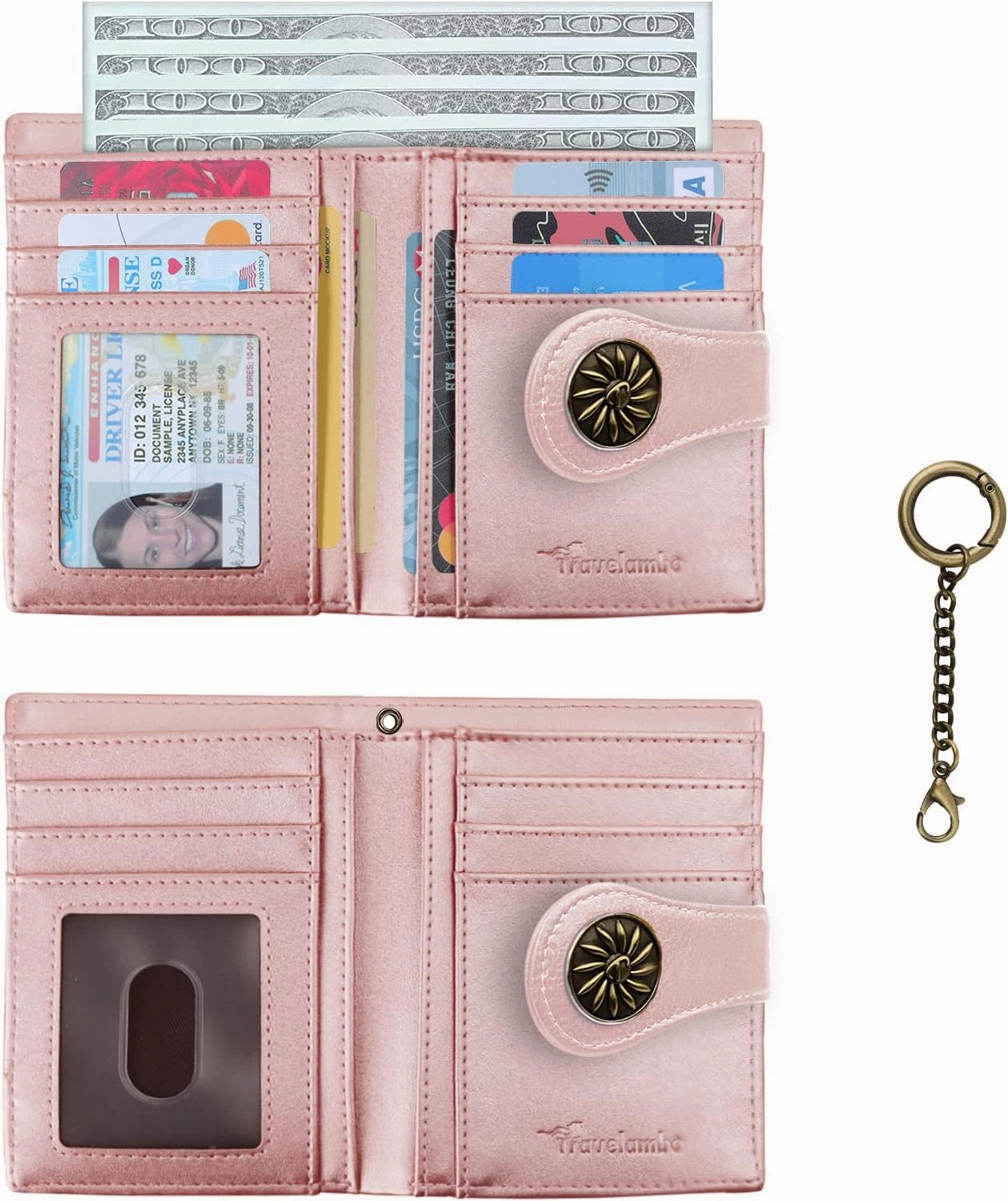 Travelambo Small Womens Wallet with 2 ID Windows, RFID Blocking Bifold Leather Card Holder Purse with Zipper Coin Pocket