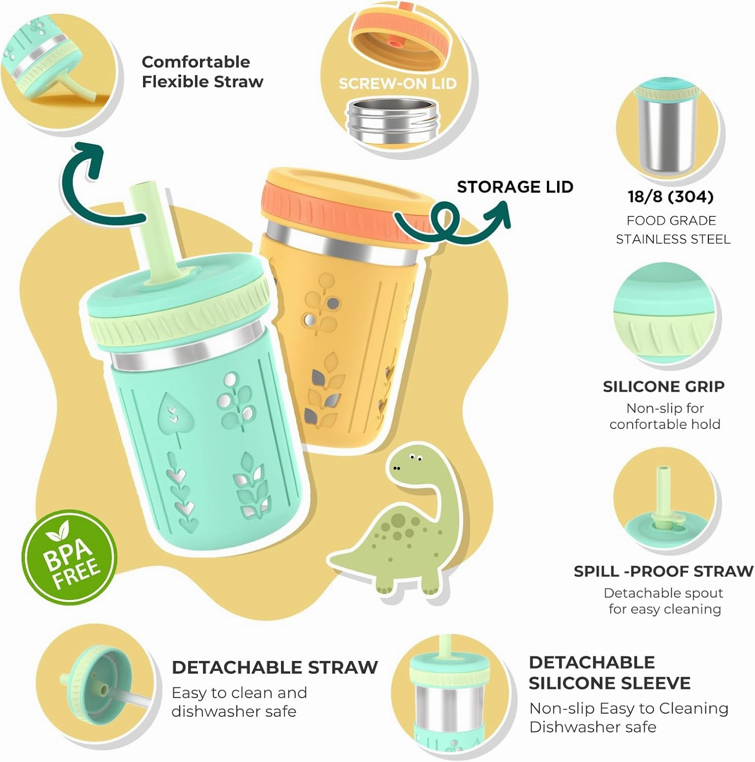 Tronco Stainless Steel Sippy Toddler Cups, 10 oz Mason Jar Kids Smoothie Cups with Silicone Sleeves & Spill Resistant Flexible Straw, BPA-Free, Dishwasher Safe, Snack Cup for Toddlers