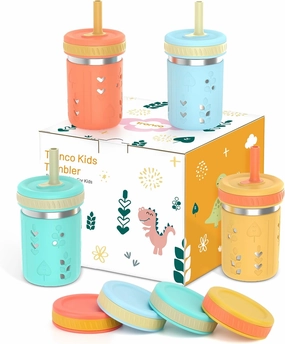 Tronco Stainless Steel Sippy Toddler Cups, 10 oz Mason Jar Kids Smoothie Cups with Silicone Sleeves & Spill Resistant Flexible Straw, BPA-Free, Dishwasher Safe, Snack Cup for Toddlers