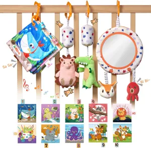 TUMAMA Car Seat Toys 3 6 9 12 Months, Plush Animal Rattle Mirror Soft Crinkle Book Baby Enlightenment Toy Set, Newborn Crib Stroller Play Gym Hanging Toys