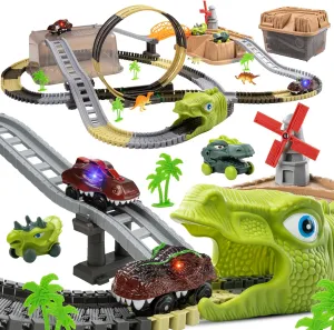TUMAMA Dinosaur Toys Race Track, 255 PCS Create A Dinosaur World Road Race Tracks, Flexible Train Tracks with 3 Dinosaurs Figures, 4pcs Dinosaur Car for 3 4 5 6 Year Old Boys Girls Birthday Party Gift