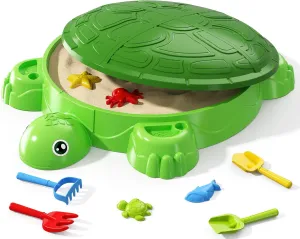 Turtle Sandbox with Lid, Sand Box with Cover incl 8 Sand Toys, Sensory Playsand Activity for Backyard, Summer Beach Indoor Outdoor Toys Gifts for Toddler 3-5