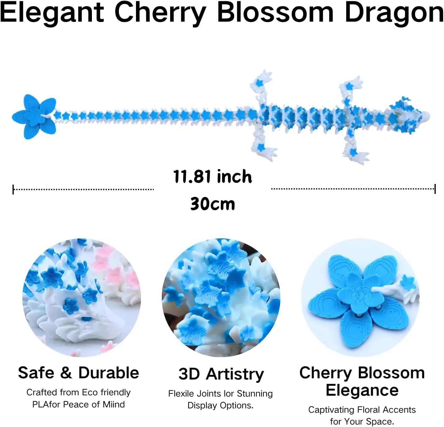 Two 3D Printed Cherry Blossom Dragons - 11.8-inch Realistic Movable Dragon fingertip Toys, Desktop Decorations and Collectibles (Blue-Pink)