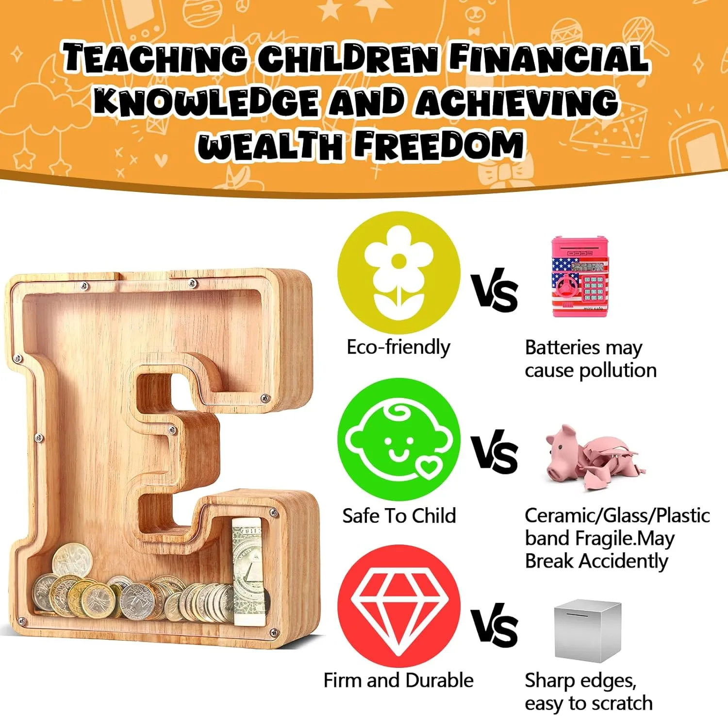 UBeesize Large Piggy Banks Twenty-Six English Alphabet Letter for Boys Girls, Wooden Personalized Bills and Coins Bank Money Box,DIY Name Birthday Gift,Bedroom Living Room Decoration(O)