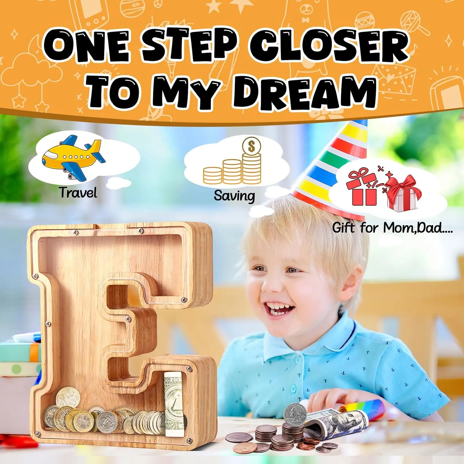 UBeesize Large Piggy Banks Twenty-Six English Alphabet Letter for Boys Girls, Wooden Personalized Bills and Coins Bank Money Box,DIY Name Birthday Gift,Bedroom Living Room Decoration(O)