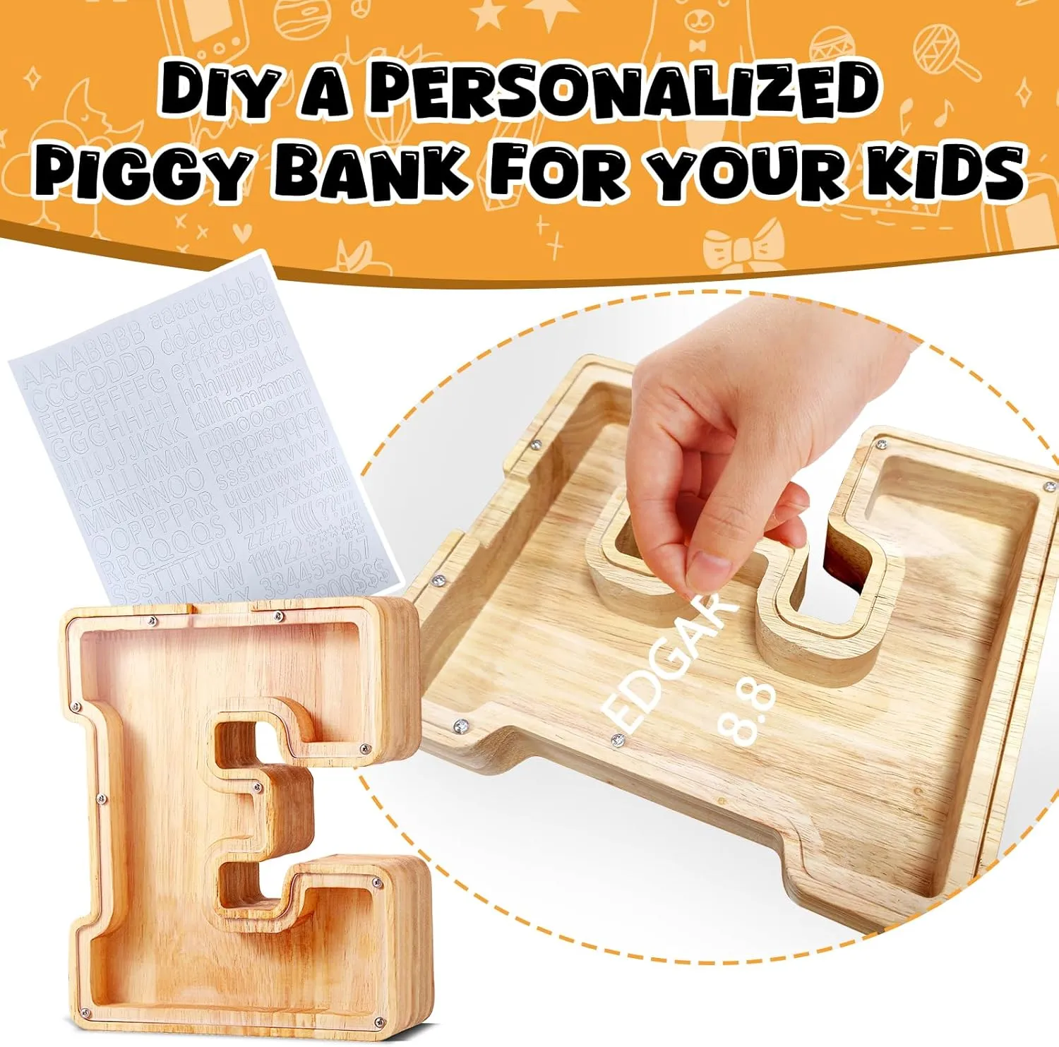 UBeesize Large Piggy Banks Twenty-Six English Alphabet Letter for Boys Girls, Wooden Personalized Bills and Coins Bank Money Box,DIY Name Birthday Gift,Bedroom Living Room Decoration(O)