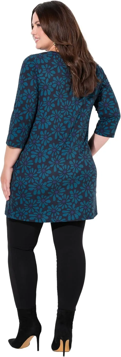 Ulla Popken Womenswear Plus Size Curvy Flower Print 3/4 Sleeve Knit Tunic 837000