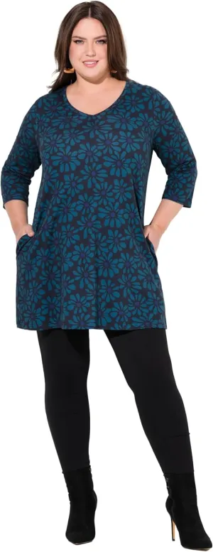 Ulla Popken Womenswear Plus Size Curvy Flower Print 3/4 Sleeve Knit Tunic 837000