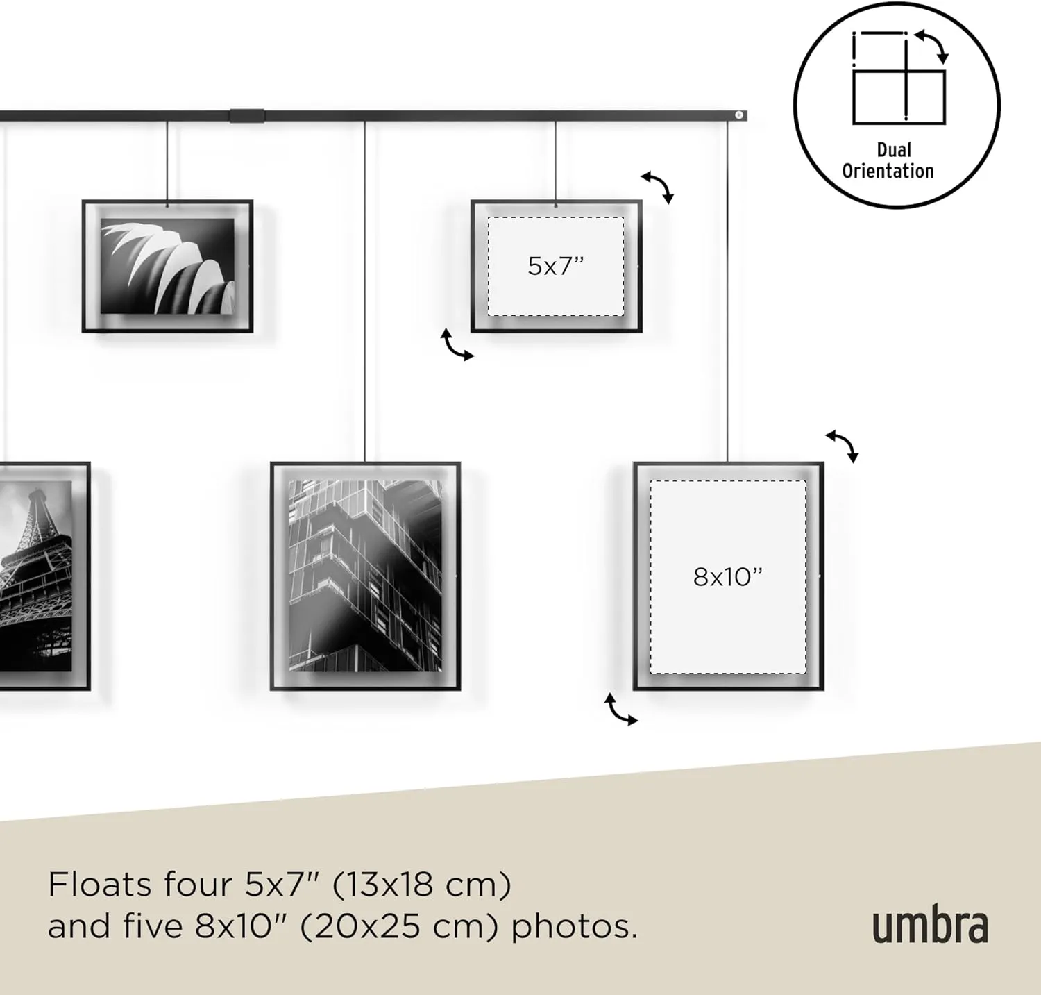 Umbra Exhibit Picture Frame Gallery Set, Adjustable Wall Collage Displays Nine Photos (Four 5x7" and Five 8x10"), Set of 9, Black