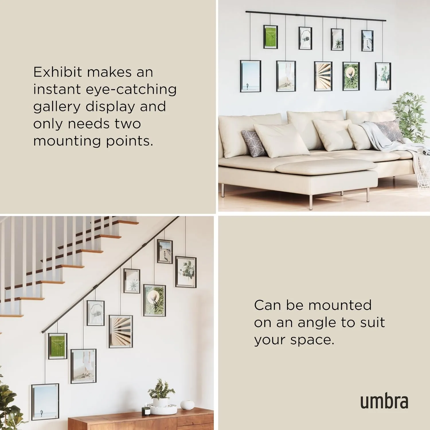 Umbra Exhibit Picture Frame Gallery Set, Adjustable Wall Collage Displays Nine Photos (Four 5x7" and Five 8x10"), Set of 9, Black
