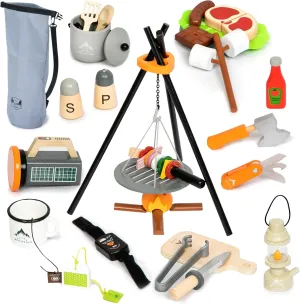UMU Kids Camping Toys Set, Pretend Play with Campfire, Wooden Camping Playset Cutting Food for Play Kitchen Camping Gear for Kitchen Indoor Outdoor Camping Toys for Kids Toddlers Boys Age 3 4 5 6 7 8 