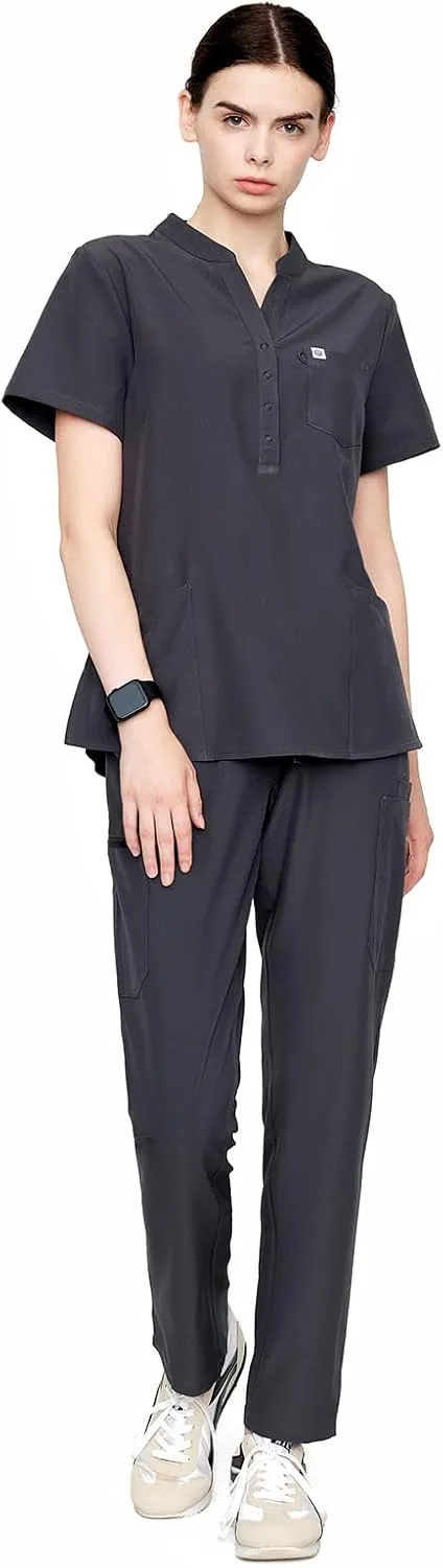 Uniforms World Horizon Scrubs Set for Women — Suit Stretch Top & Straight Pants with Multi Pocket, Yoga Waistband, 9 Pockets