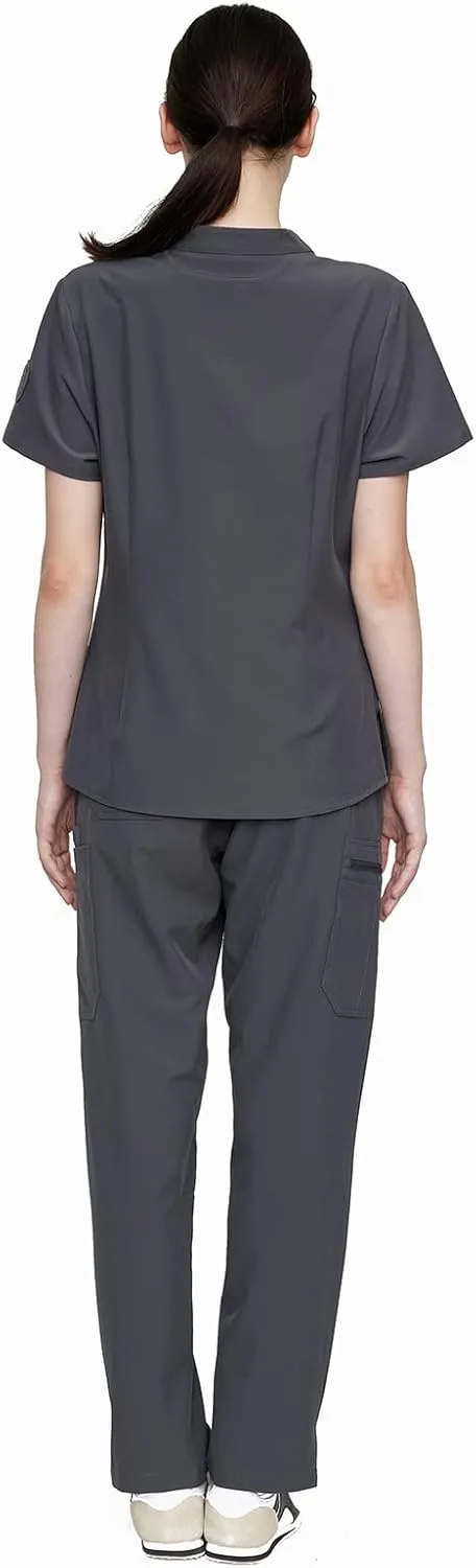 Uniforms World Horizon Scrubs Set for Women — Suit Stretch Top & Straight Pants with Multi Pocket, Yoga Waistband, 9 Pockets