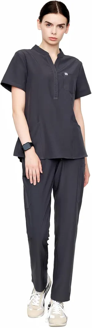 Uniforms World Horizon Scrubs Set for Women — Suit Stretch Top & Straight Pants with Multi Pocket, Yoga Waistband, 9 Pockets