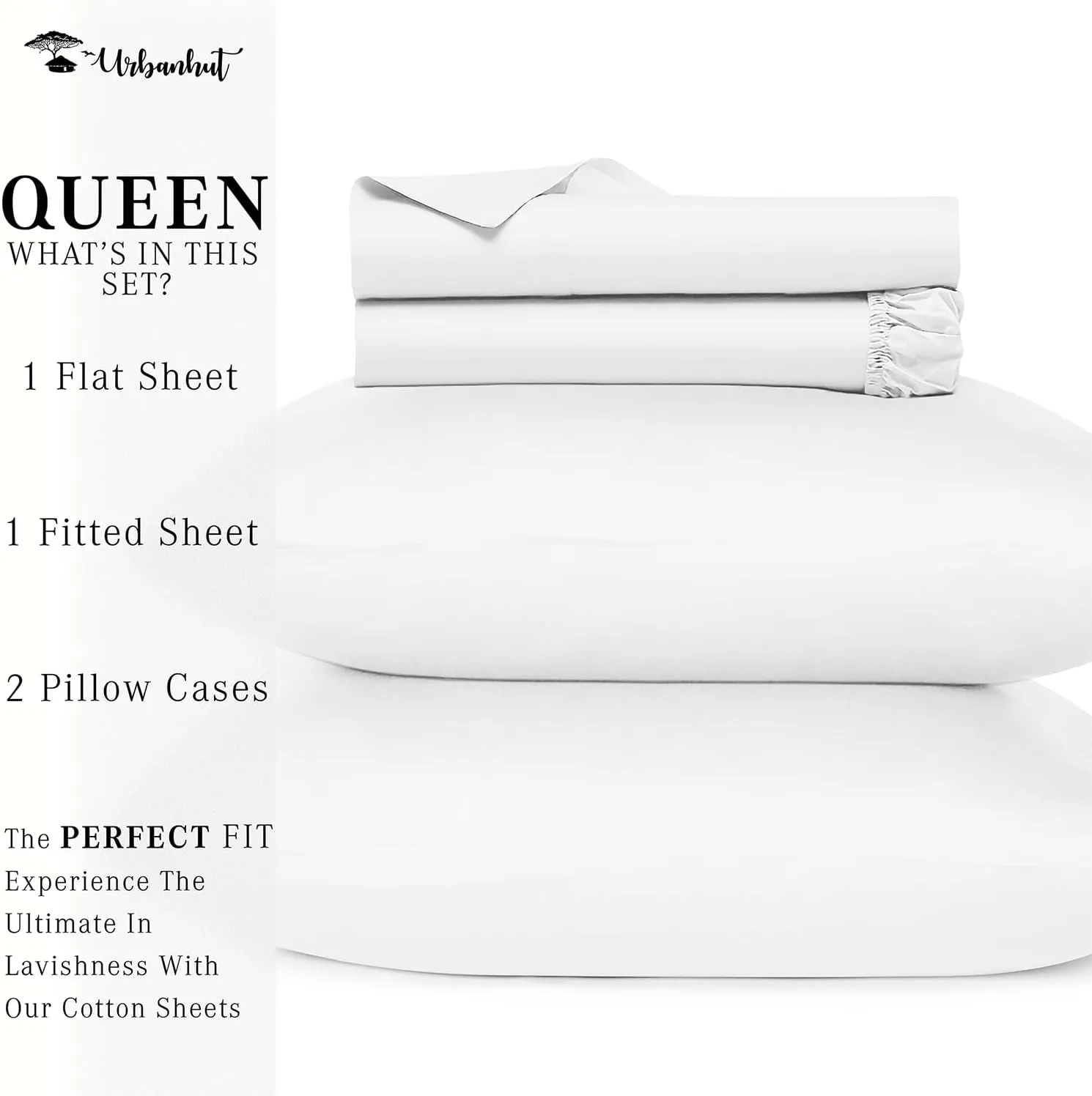 URBANHUT 800 Thread Count Egyptian Cotton Sheets Queen Size, Long Staple Bed Sheets, 4 Pc Bed Sheet Sets for Queen Size Bedding, Sateen Weave Luxury Hotel Bed Sheets Fits 16" Deep Pocket - White