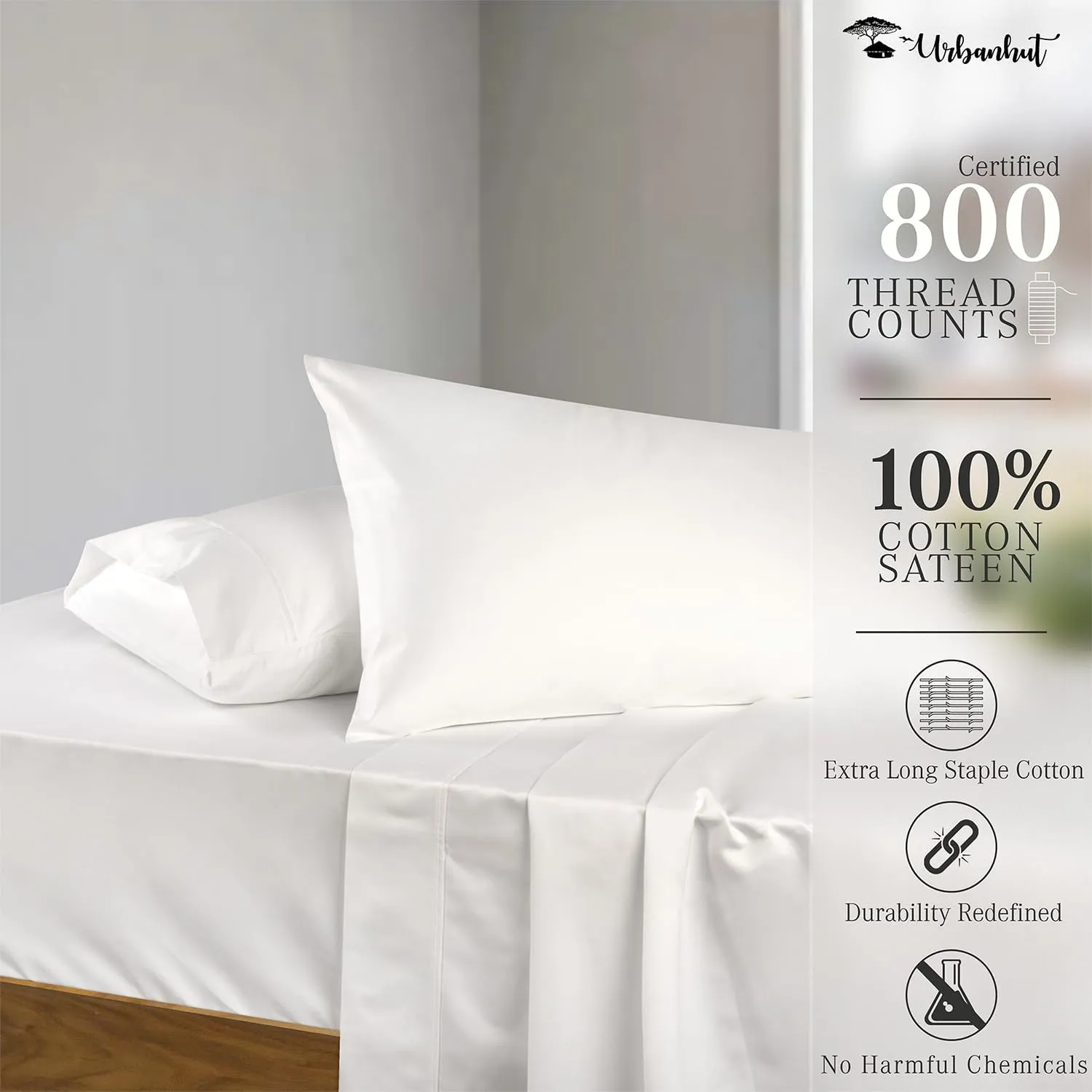 URBANHUT 800 Thread Count Egyptian Cotton Sheets Queen Size, Long Staple Bed Sheets, 4 Pc Bed Sheet Sets for Queen Size Bedding, Sateen Weave Luxury Hotel Bed Sheets Fits 16" Deep Pocket - White