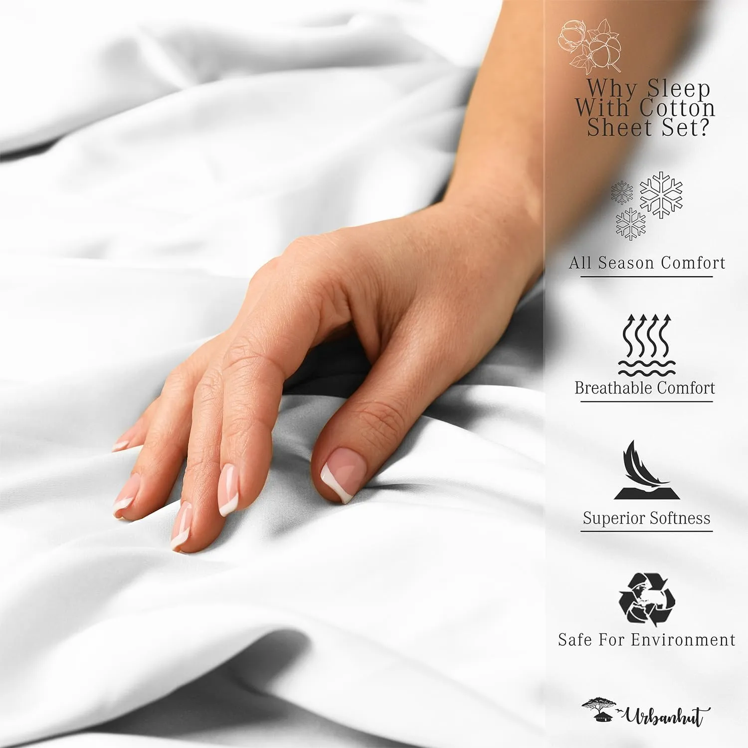 URBANHUT 800 Thread Count Egyptian Cotton Sheets Queen Size, Long Staple Bed Sheets, 4 Pc Bed Sheet Sets for Queen Size Bedding, Sateen Weave Luxury Hotel Bed Sheets Fits 16" Deep Pocket - White